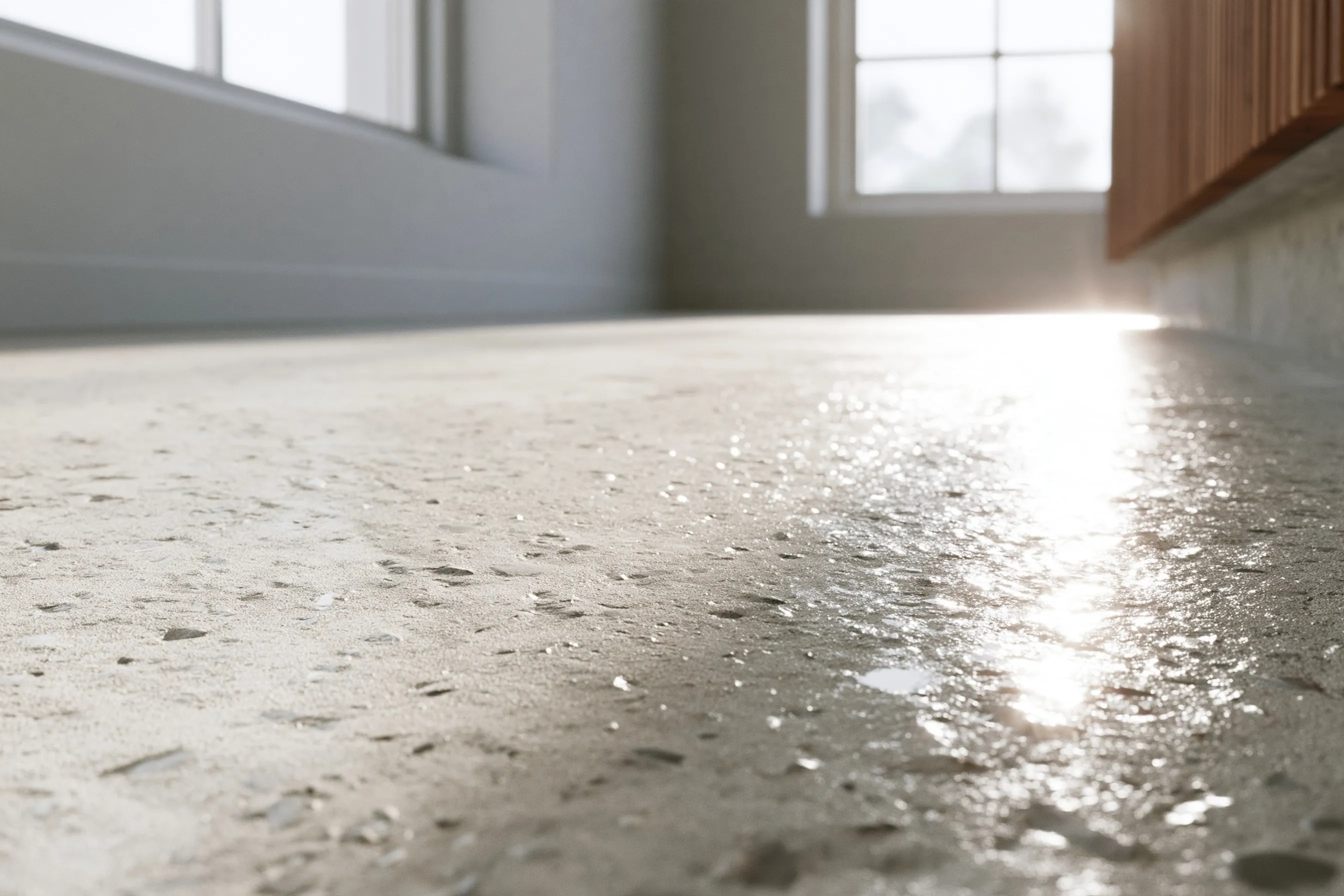 Close-up of a cream-finish polished concrete surface with very fine sand specks and a soft window reflection