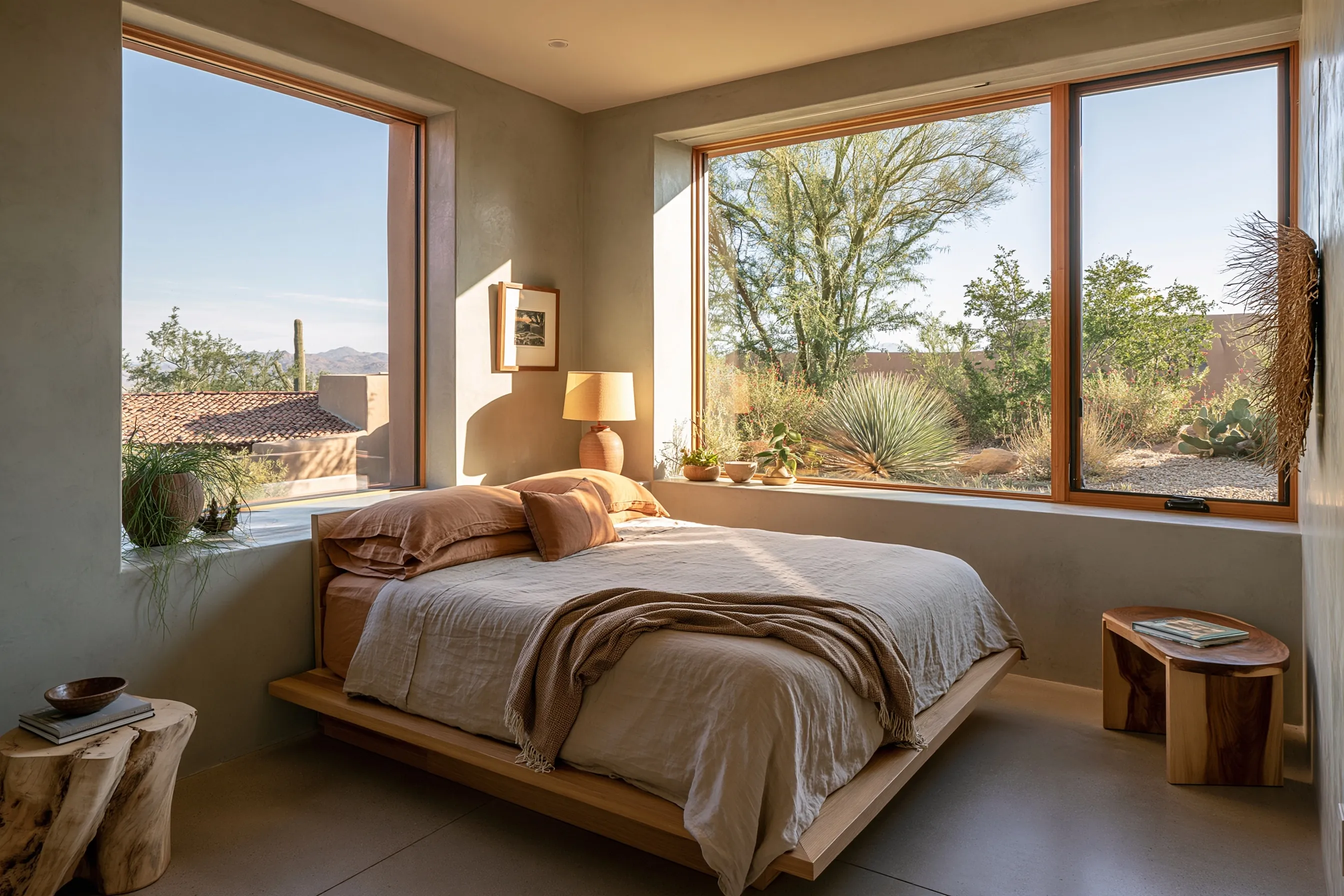 Bedroom with a matte honed satin concrete floor, linen bedding and a window onto desert landscaping and a clay tile roof