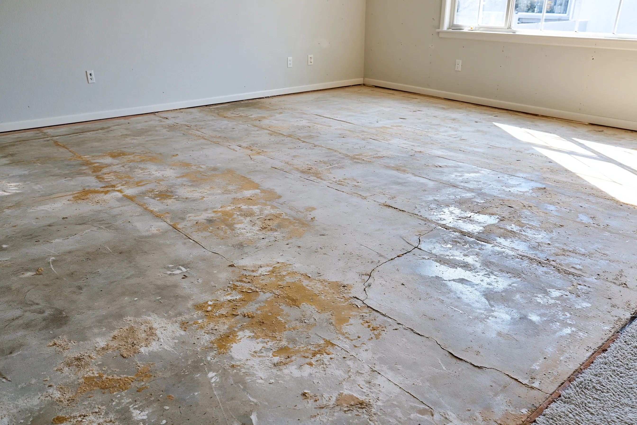 Concrete slab in an empty room after carpet removal, with patches of old yellow adhesive and a few cracks, daylight from one window