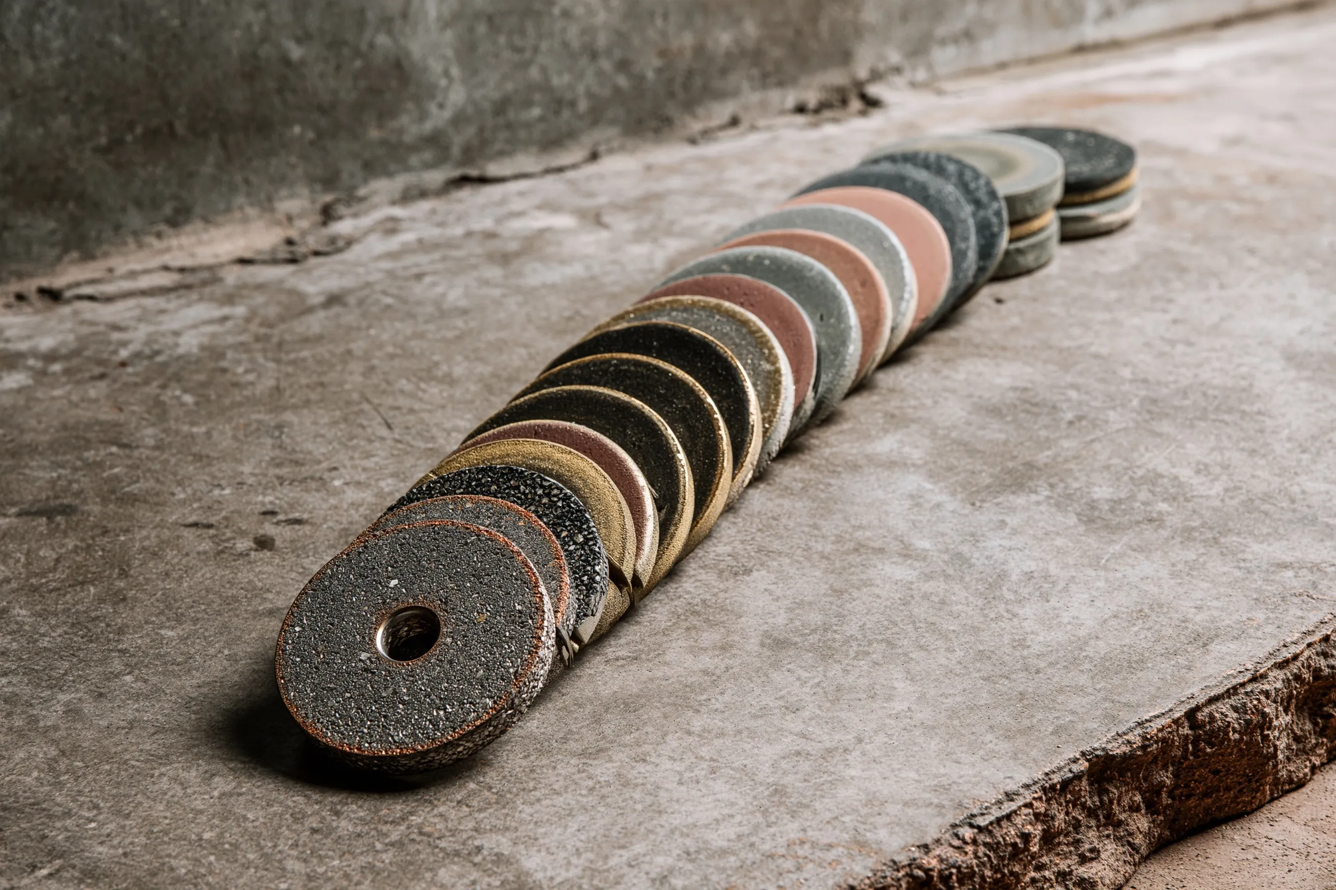 Row of grinding and polishing discs laid out coarse to fine on a concrete slab