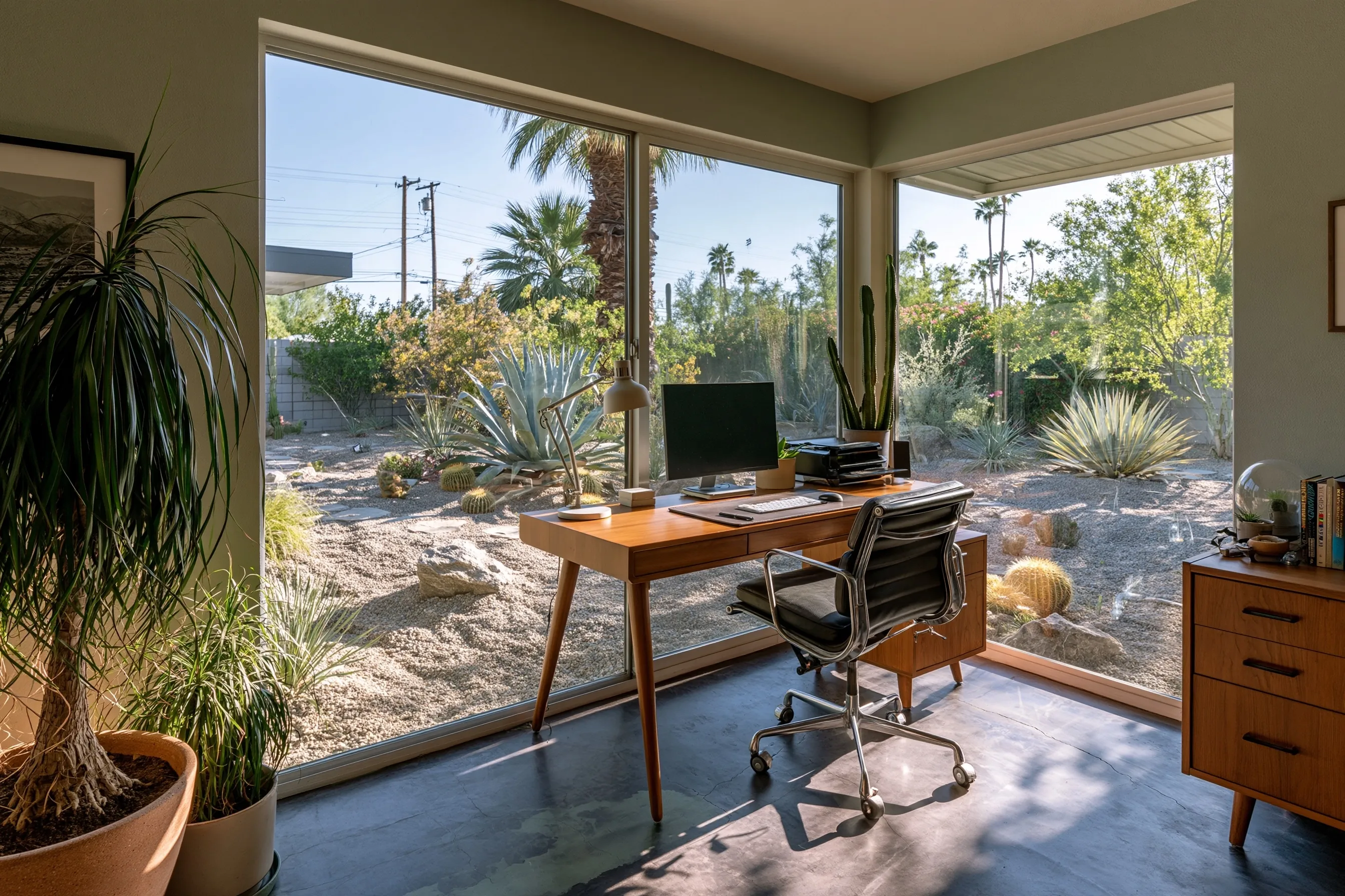 Home office with a deep charcoal and sage dyed polished concrete floor and a large window onto a desert garden