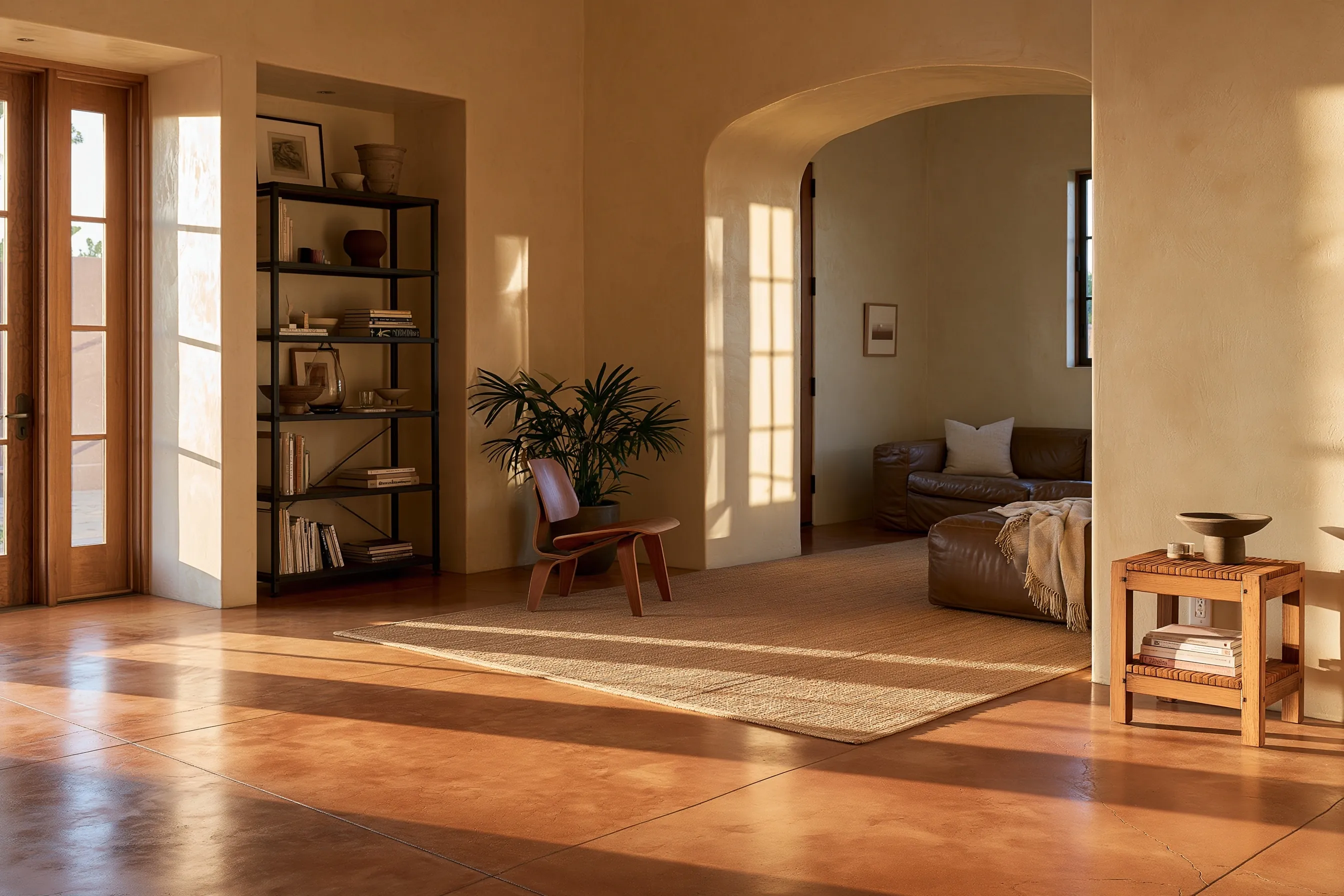 Living room with a warm terracotta dyed concrete floor, warm tan plaster walls, an arched passage and a bookshelf in evening light