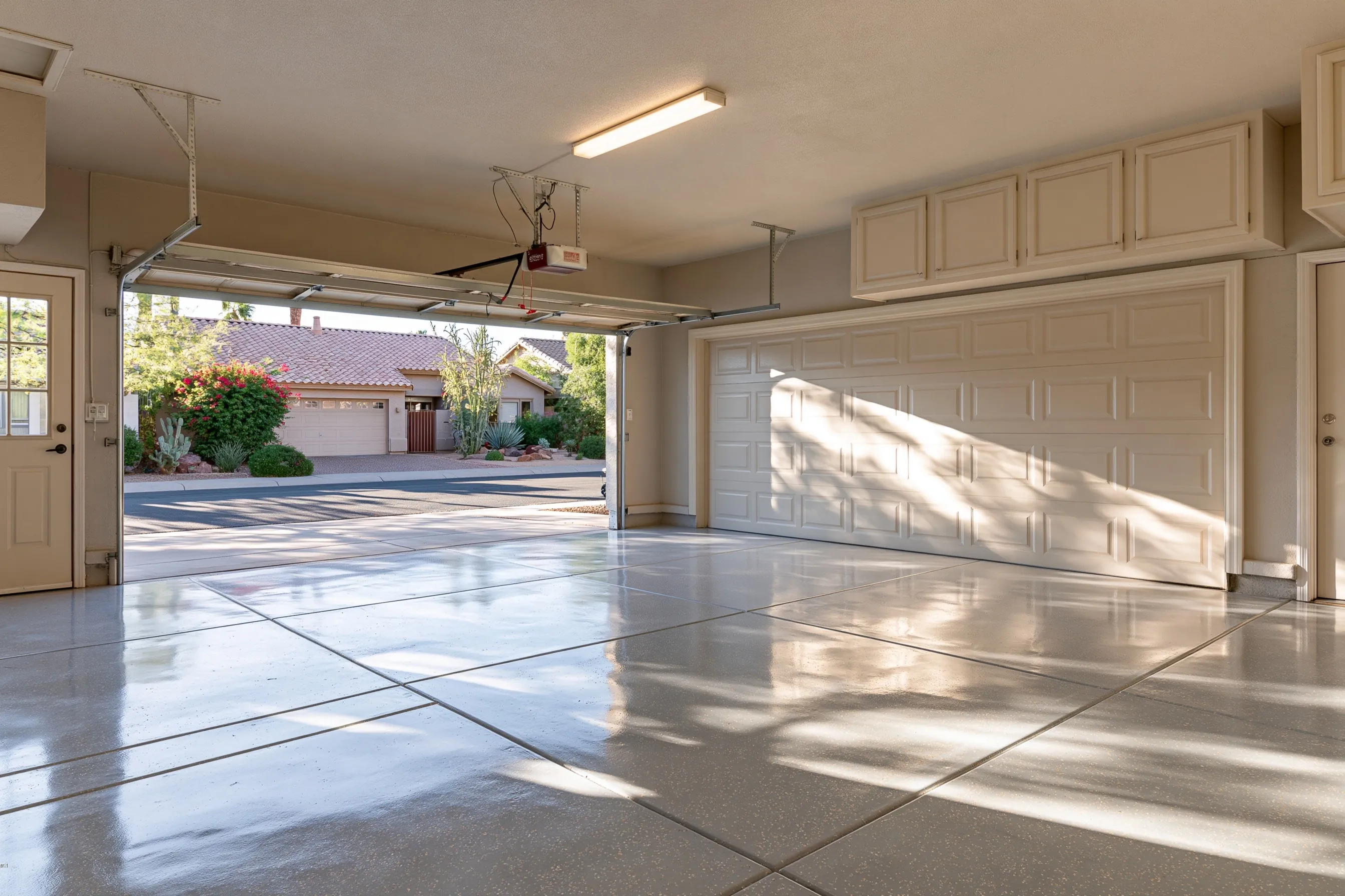 Clean two-car garage with a satin polished grey concrete floor, an open stucco-clad garage door and a tile roof above