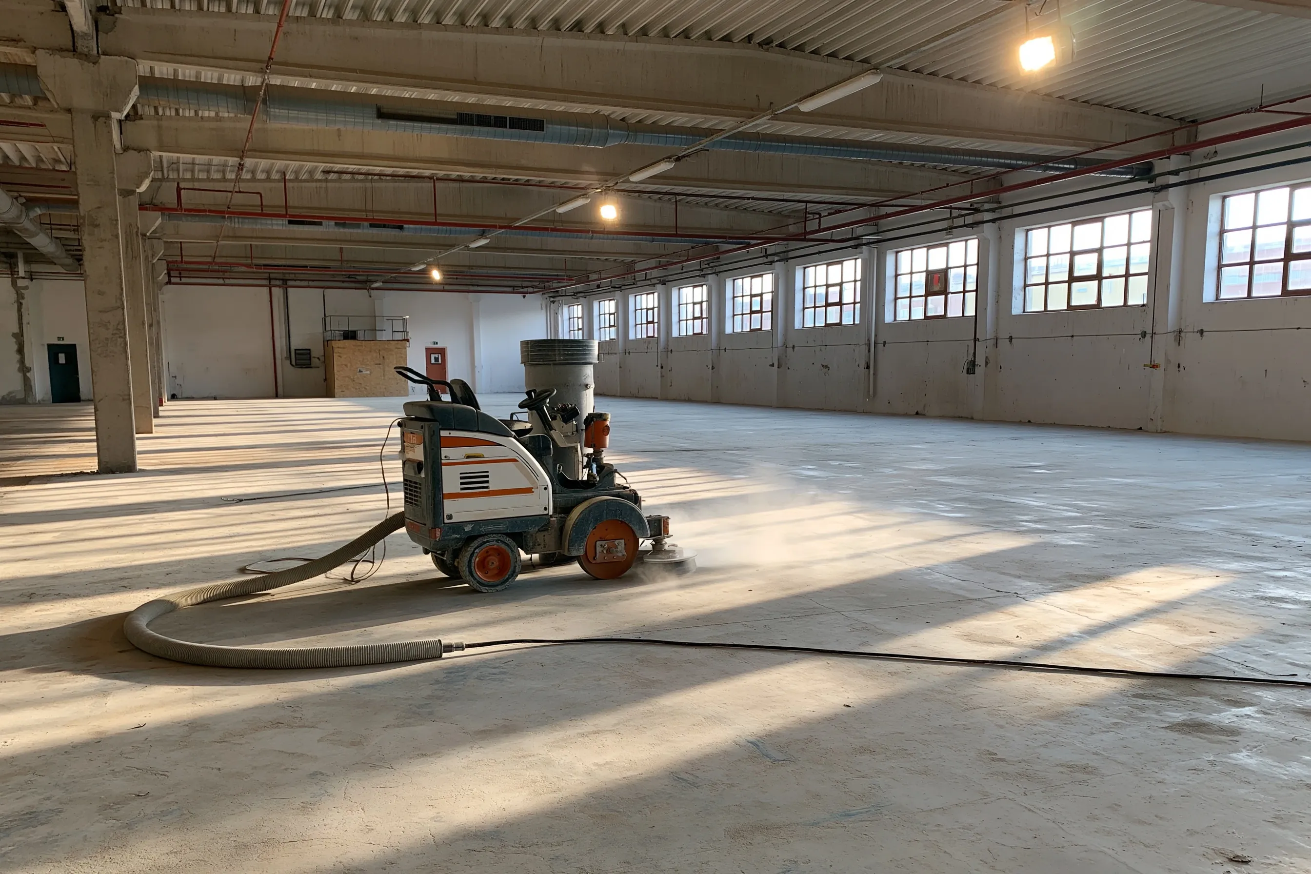 Walk-behind concrete floor grinder with a dust hose on a bare concrete floor in an empty warehouse-style space