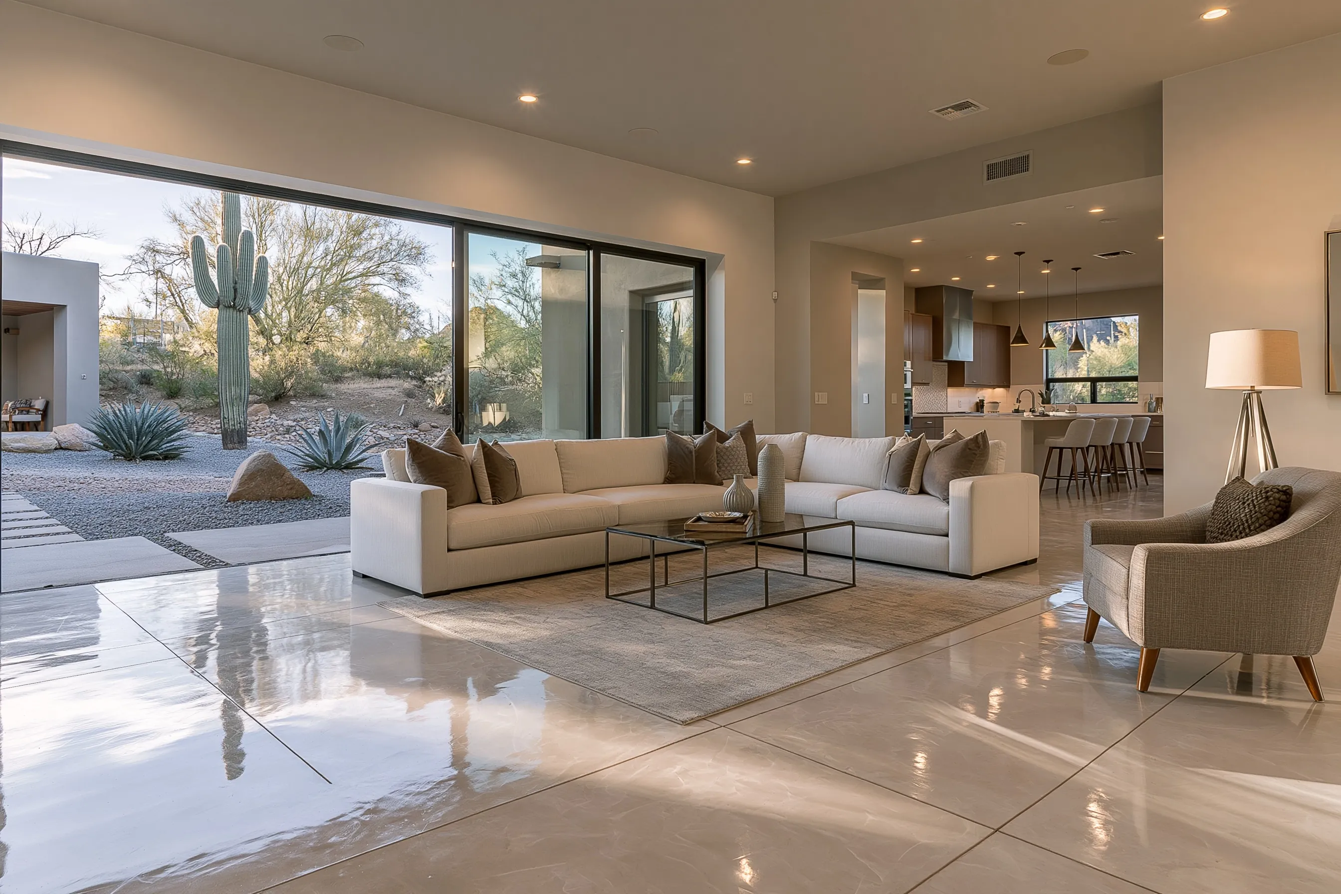 Open living room in a single-storey stucco desert home with a cream-finish satin polished concrete floor and sliding glass doors to a gravel yard