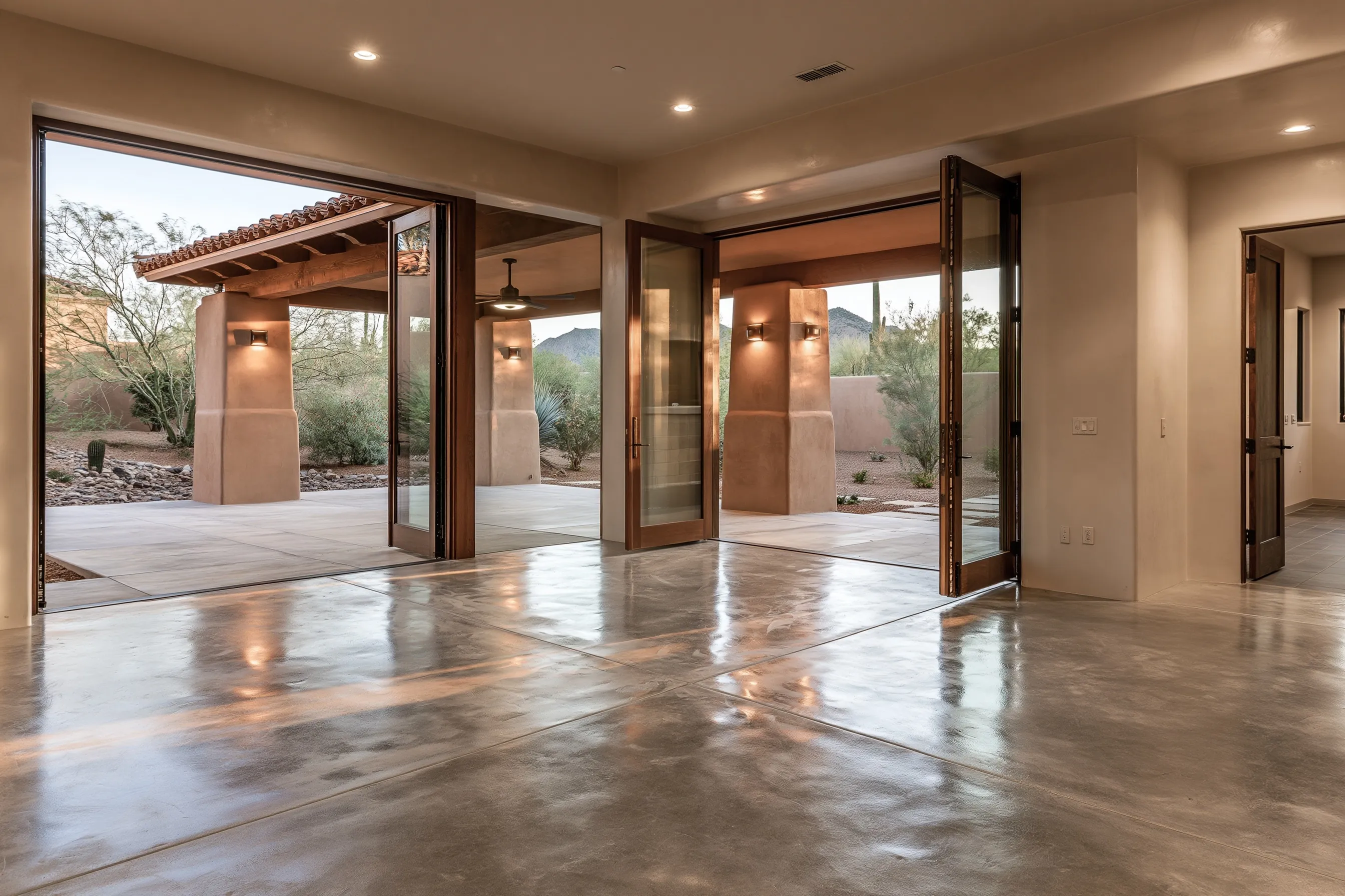 Interior polished concrete floor running toward open glass doors onto a covered patio with stucco columns, a clay tile roof and a desert backyard