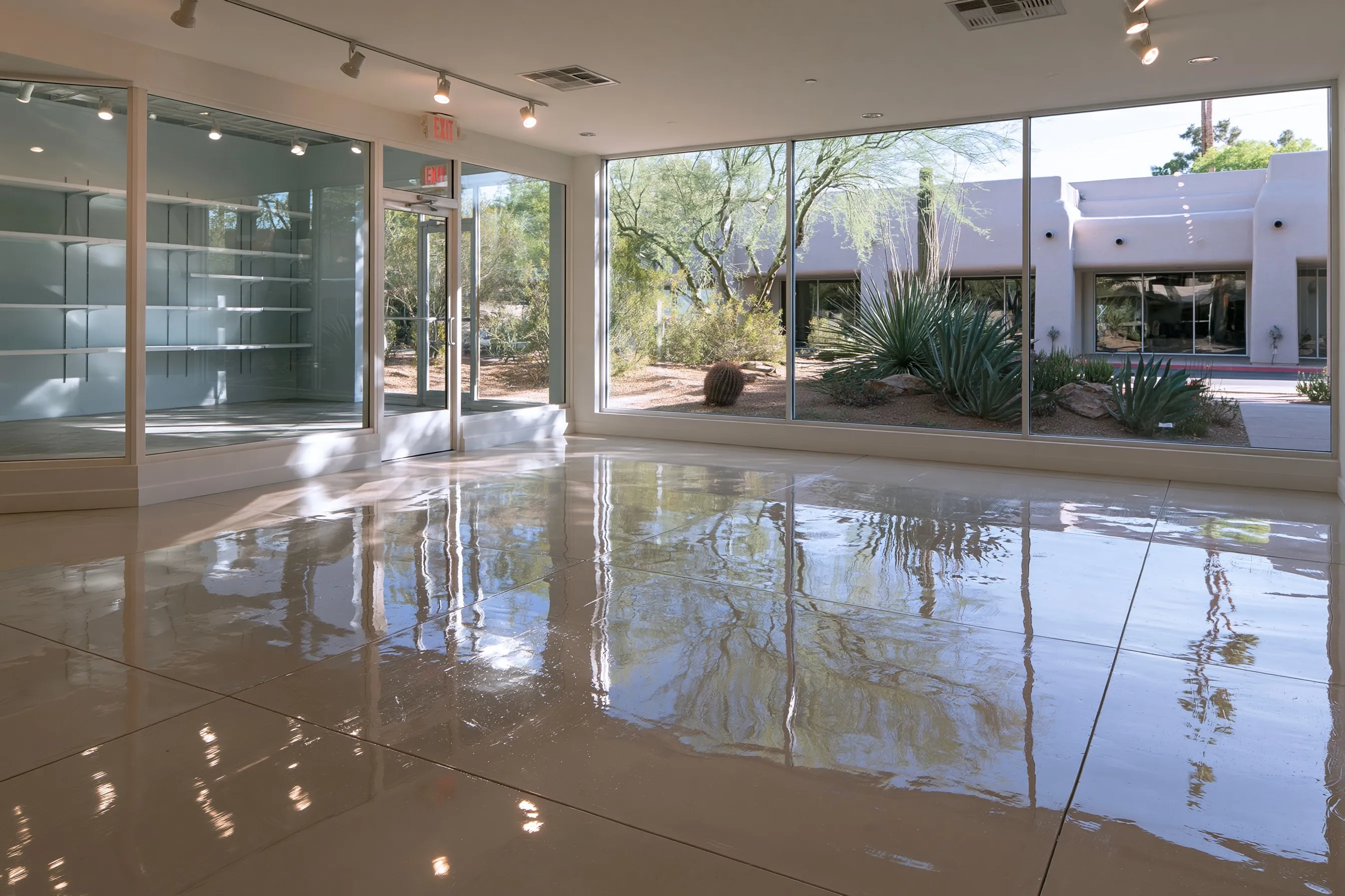 Empty retail showroom with a high-gloss polished concrete floor reflecting storefront glass and display shelving