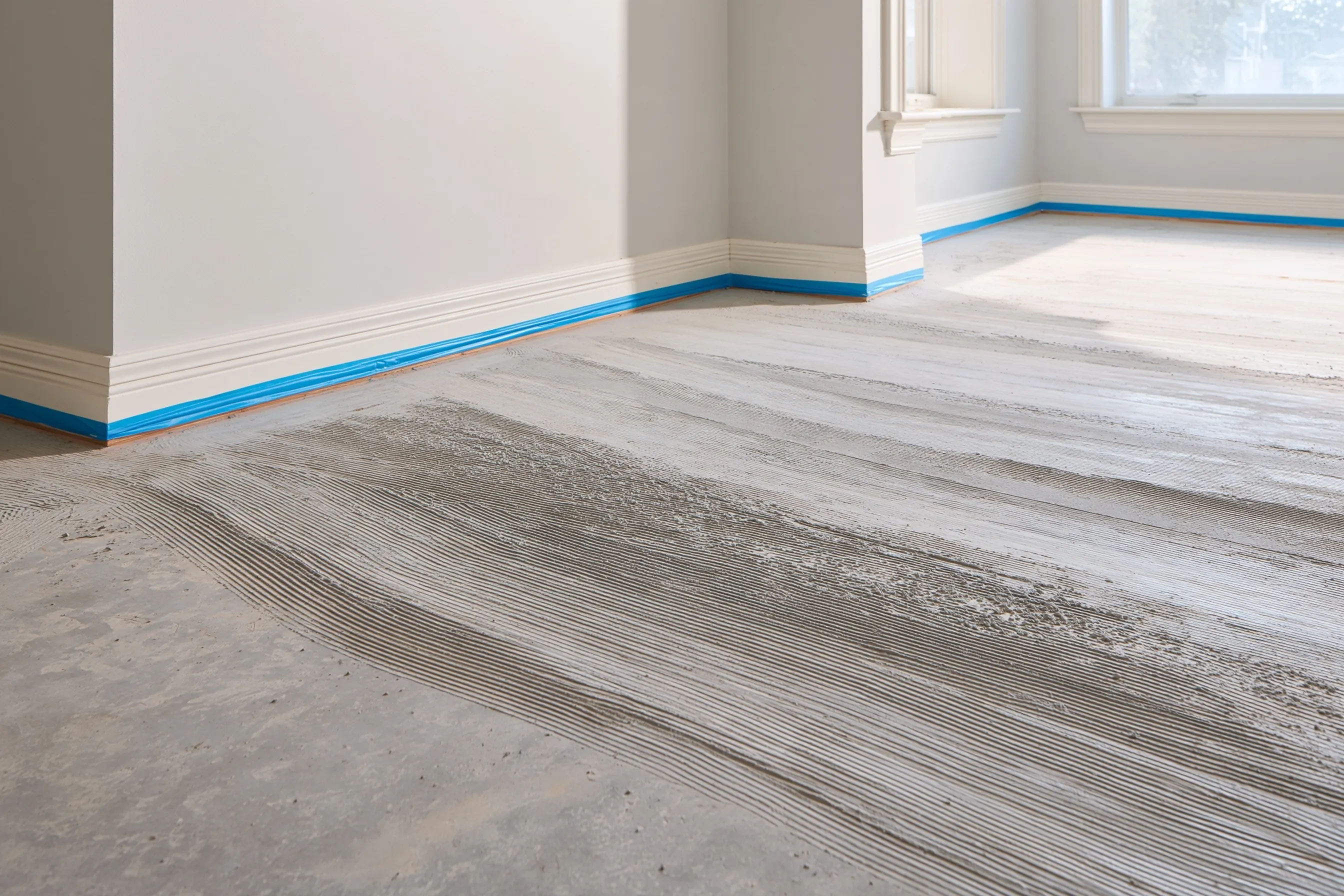 Room with the tile removed, a bare concrete slab with ridges of leftover thinset and blue tape on the baseboards